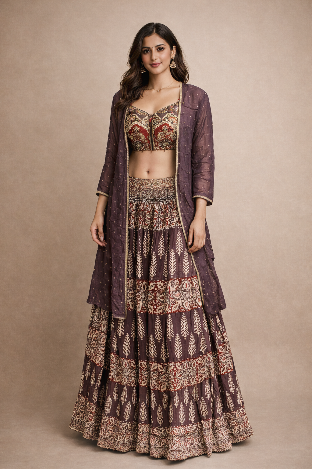 Wine Purple Printed Lehenga Set with Embroidered Blouse and Sheer Jacket
