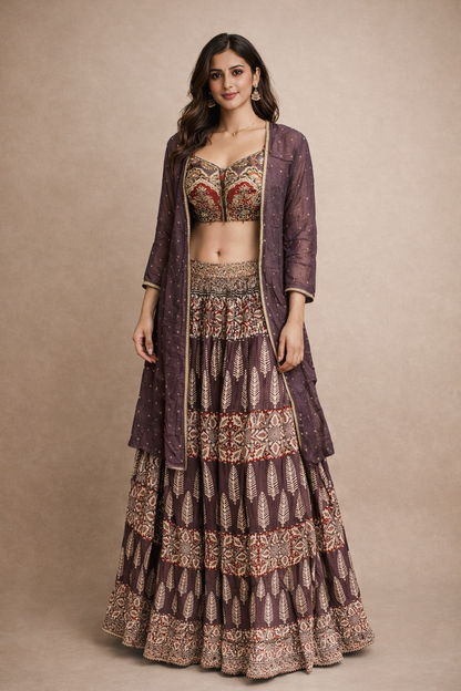 Wine Purple Printed Lehenga Set with Embroidered Blouse and Sheer Jacket