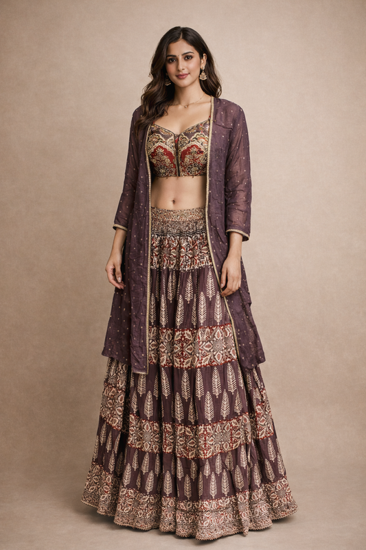 Wine Purple Printed Lehenga Set with Embroidered Blouse and Sheer Jacket