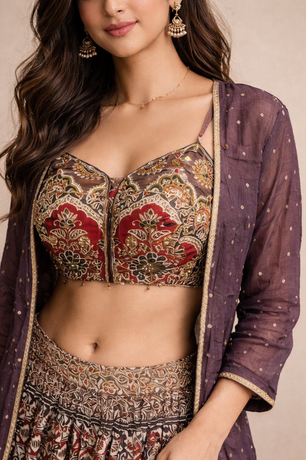 Wine Purple Printed Lehenga Set with Embroidered Blouse and Sheer Jacket