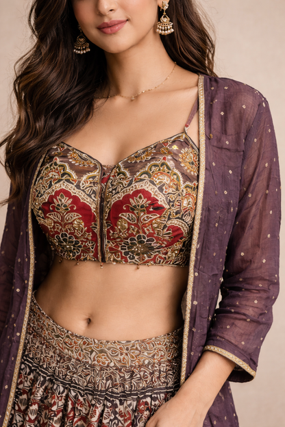 Wine Purple Printed Lehenga Set with Embroidered Blouse and Sheer Jacket