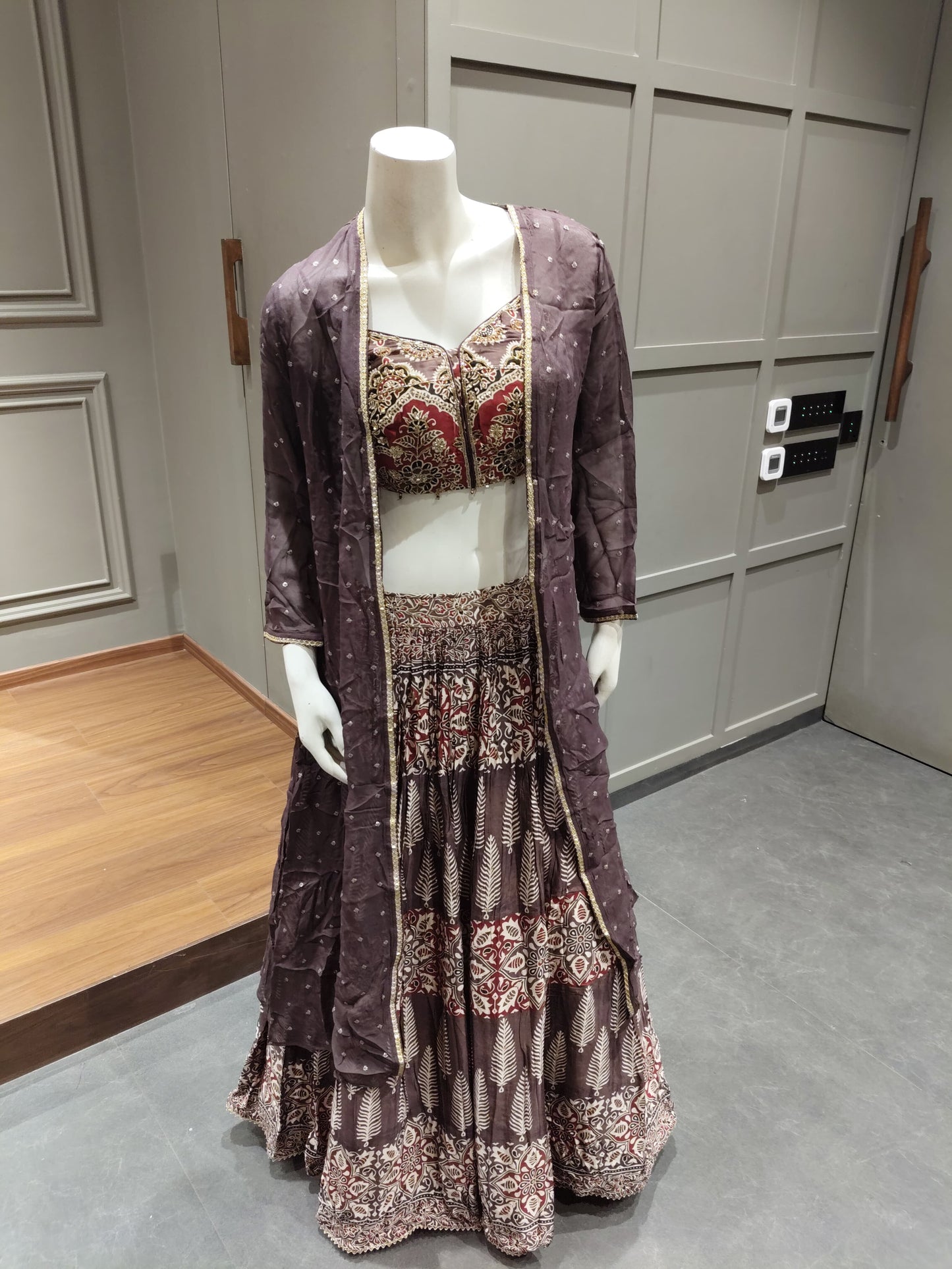 Wine Purple Printed Lehenga Set with Embroidered Blouse and Sheer Jacket