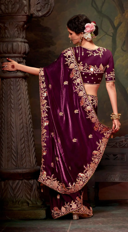 Wine Purple Wedding Zari Work Enhanced Tissue Silk Saree