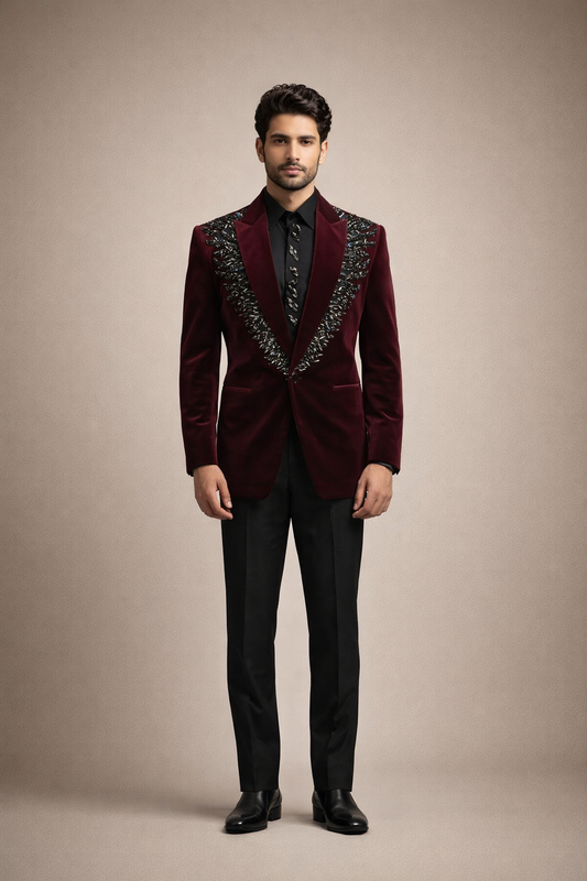 Wine Velvet Designer Tuxedo Suit with Black Hand Embroidery