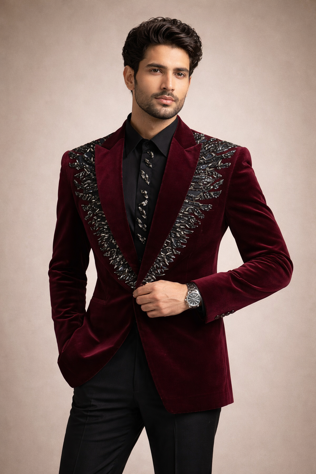 Wine Velvet Designer Tuxedo Suit with Black Hand Embroidery