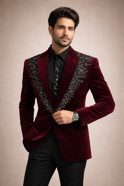 Wine Velvet Designer Tuxedo Suit with Black Hand Embroidery