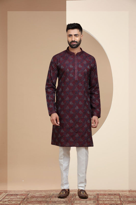 Wine Embroidered Kurta Set
