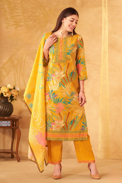 Yellow Beads Work With Floral Print Straight Cut Salwar Suit