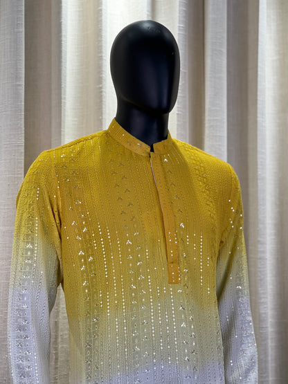 Yellow-White Ombre Chikankari Kurta with Sequin Embellishments