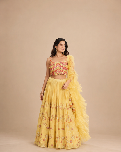 Yellow Floral Embroidered Pleated Lehenga Choli with Ruffle Dupatta