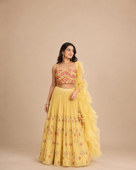 Yellow Floral Embroidered Pleated Lehenga Choli with Ruffle Dupatta