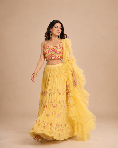 Yellow Floral Embroidered Pleated Lehenga Choli with Ruffle Dupatta