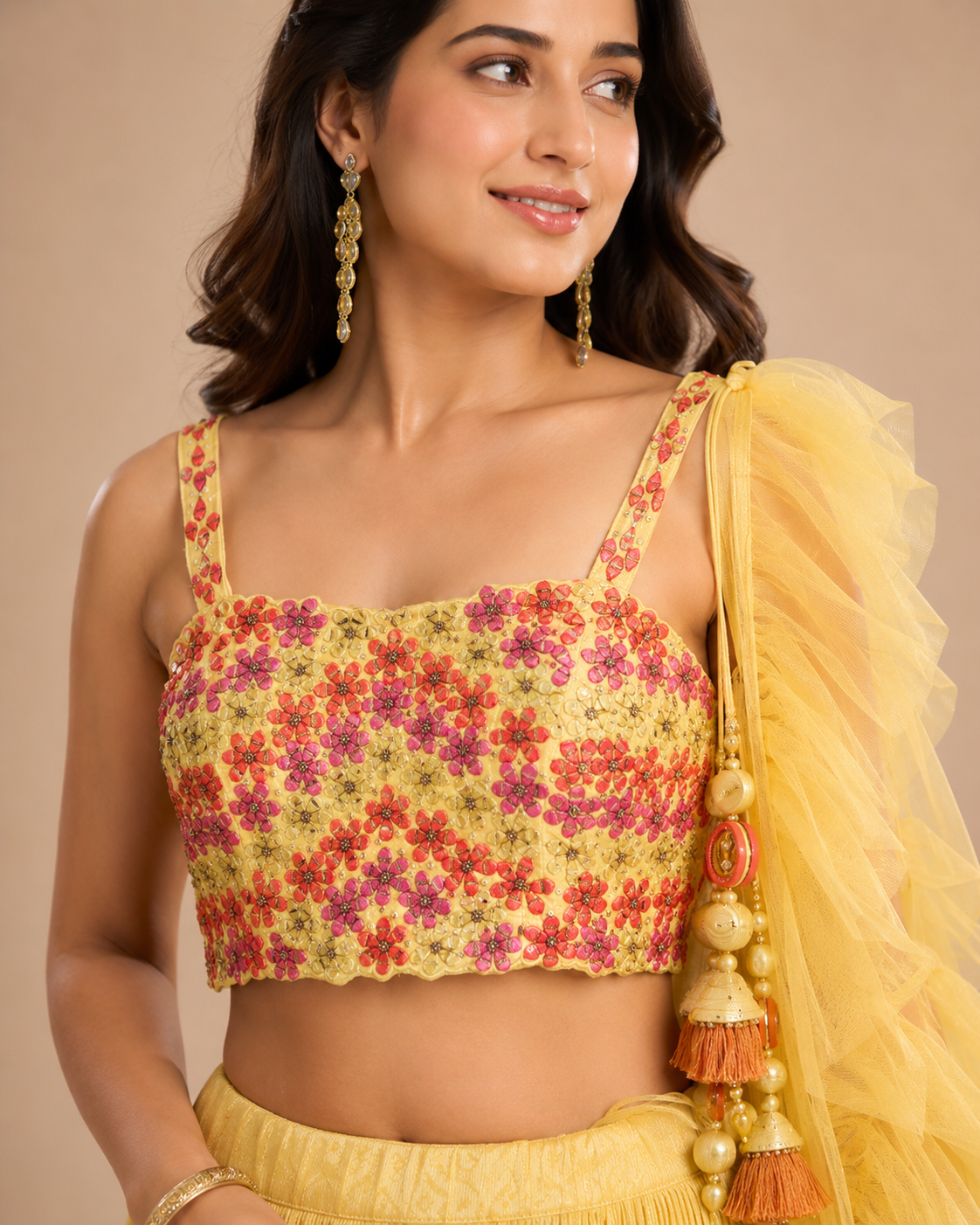Yellow Floral Embroidered Pleated Lehenga Choli with Ruffle Dupatta