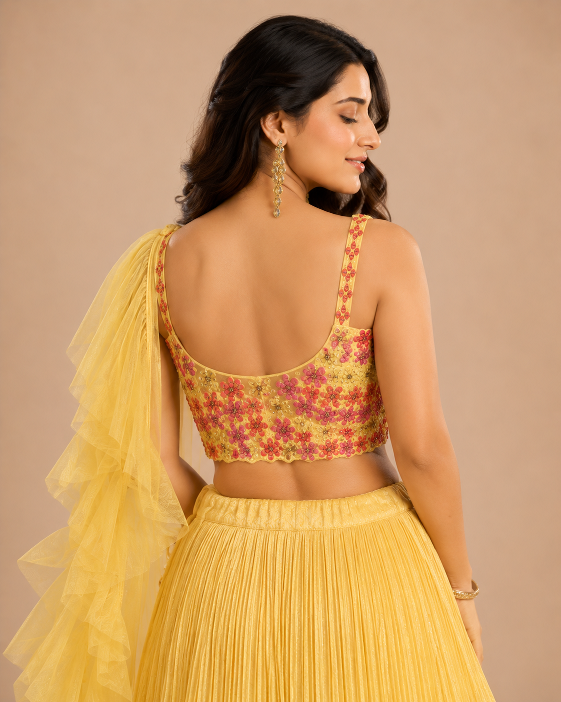 Yellow Floral Embroidered Pleated Lehenga Choli with Ruffle Dupatta