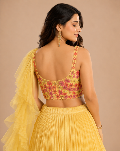 Yellow Floral Embroidered Pleated Lehenga Choli with Ruffle Dupatta