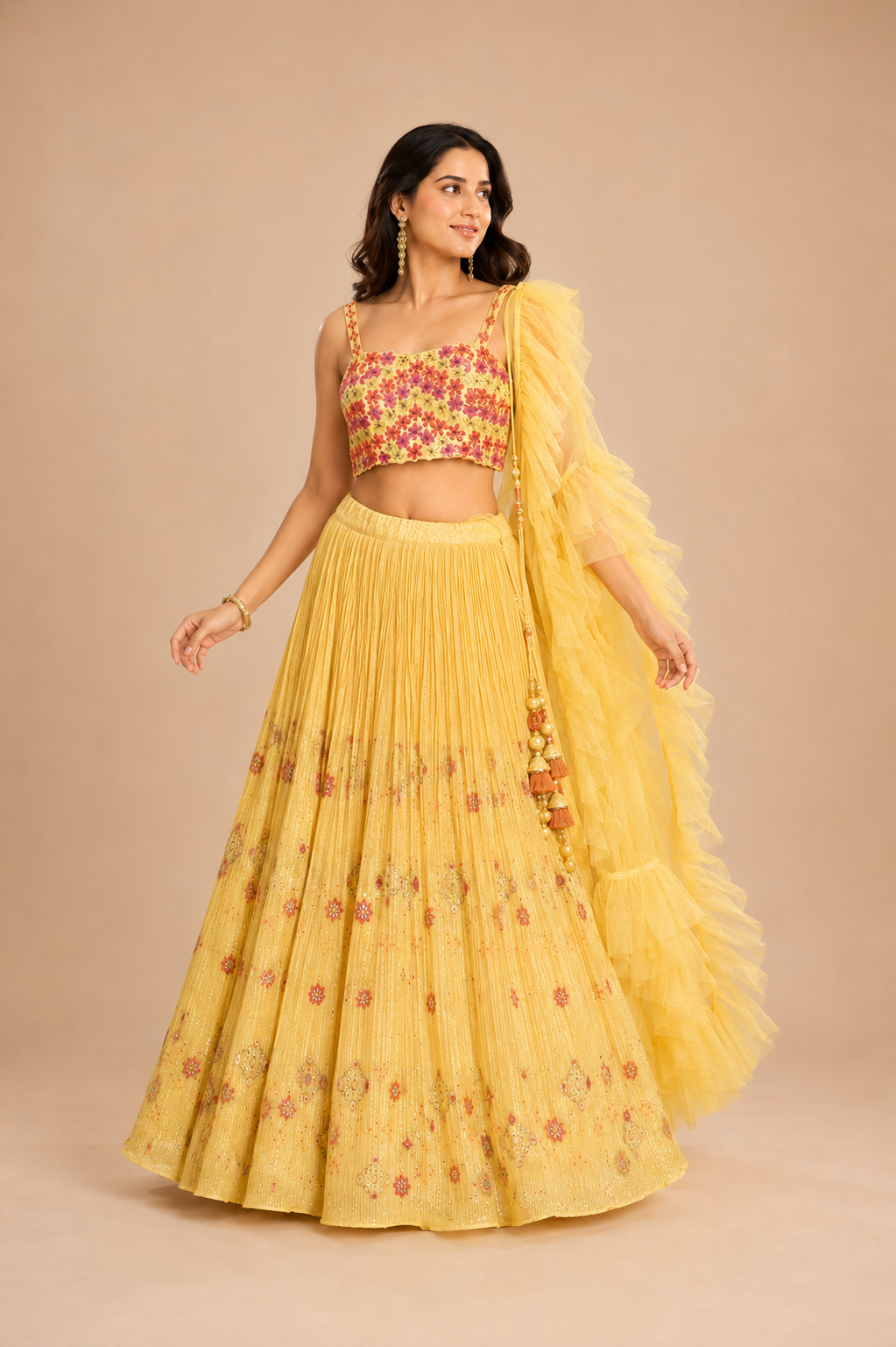 Yellow Floral Embroidered Pleated Lehenga Choli with Ruffle Dupatta