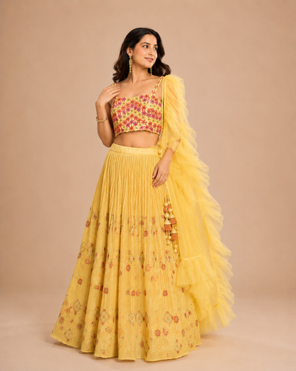 Yellow Floral Embroidered Pleated Lehenga Choli with Ruffle Dupatta