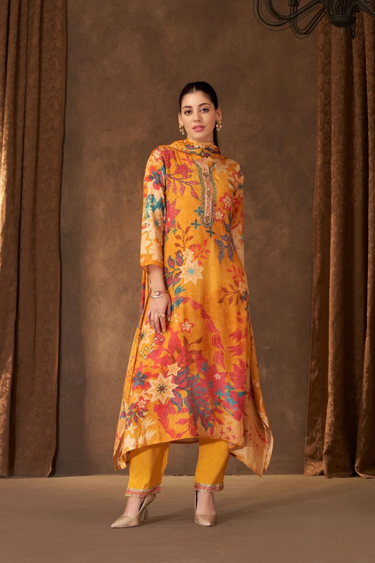 Yellow Floral Print Crape Aline Kurta Set