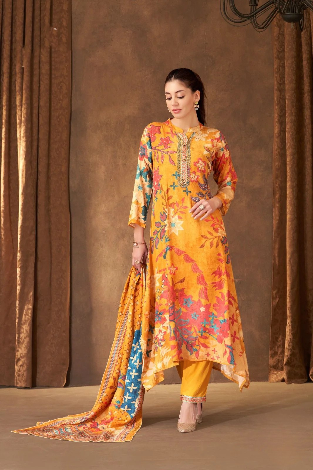 Yellow Floral Print Crape Aline Kurta Set