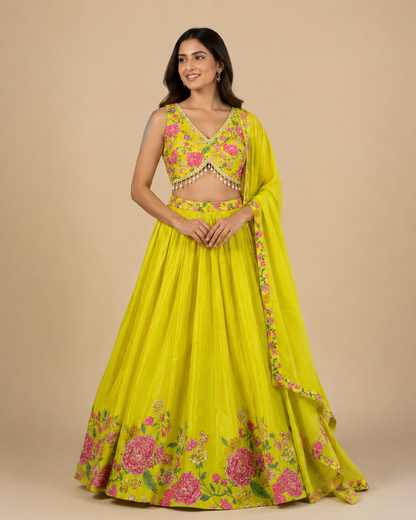 Yellow Floral Printed Lehenga Choli with Pearl Tassel Blouse and Dupatta