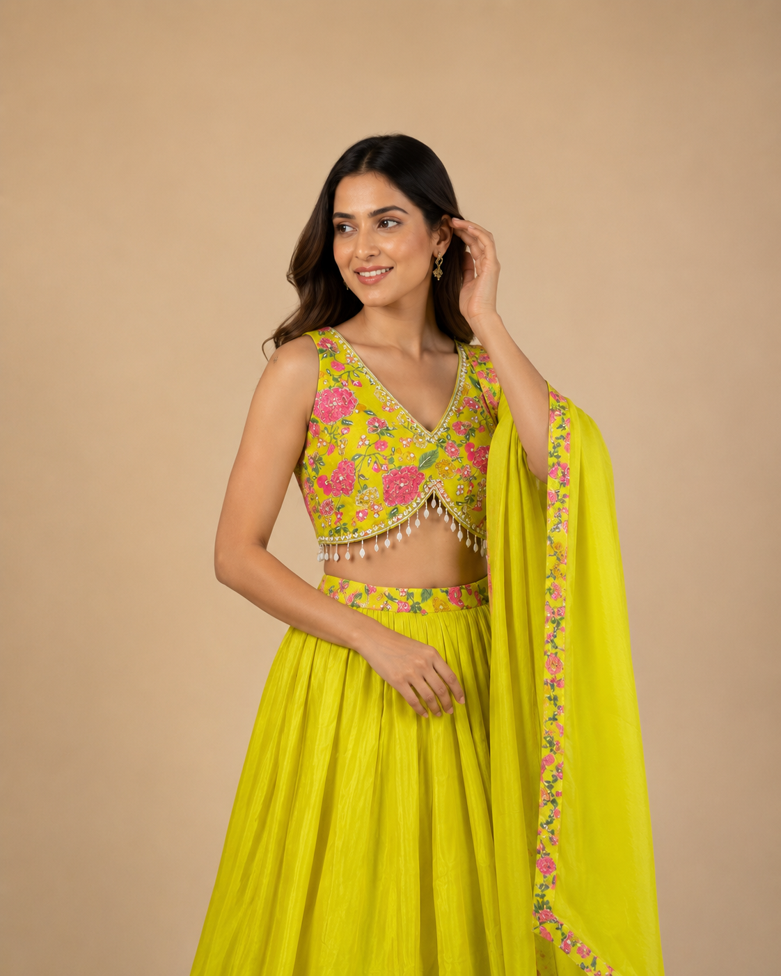 Yellow Floral Printed Lehenga Choli with Pearl Tassel Blouse and Dupatta