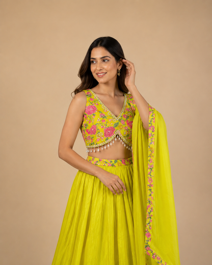 Yellow Floral Printed Lehenga Choli with Pearl Tassel Blouse and Dupatta