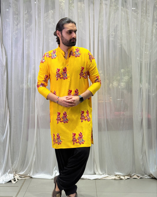 Yellow Kutchi Work Cotton Kurta