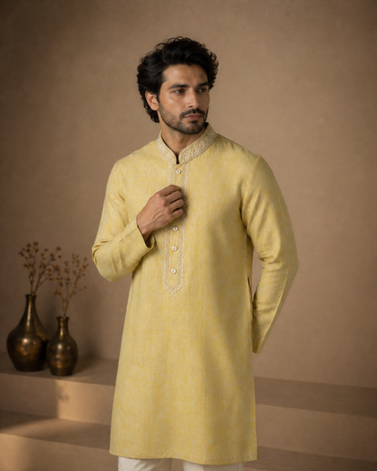 Lemon Yellow Linen Embroidered Men’s Kurta Set