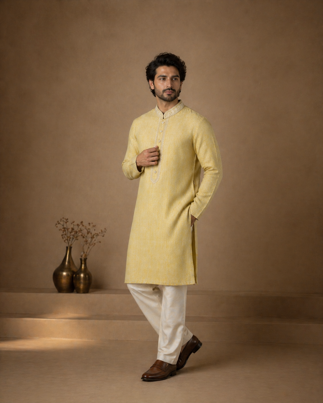 Lemon Yellow Linen Embroidered Men’s Kurta Set