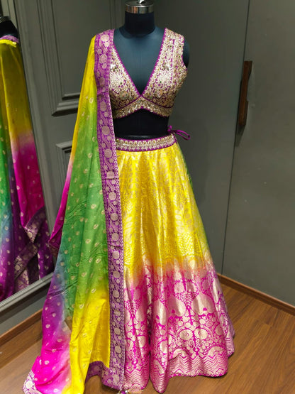 Yellow & Rani Pink Banarasi Lehenga with Gold Zari Weaving