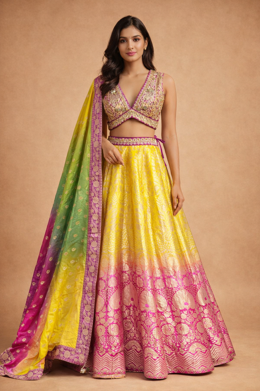 Yellow & Rani Pink Banarasi Lehenga with Gold Zari Weaving