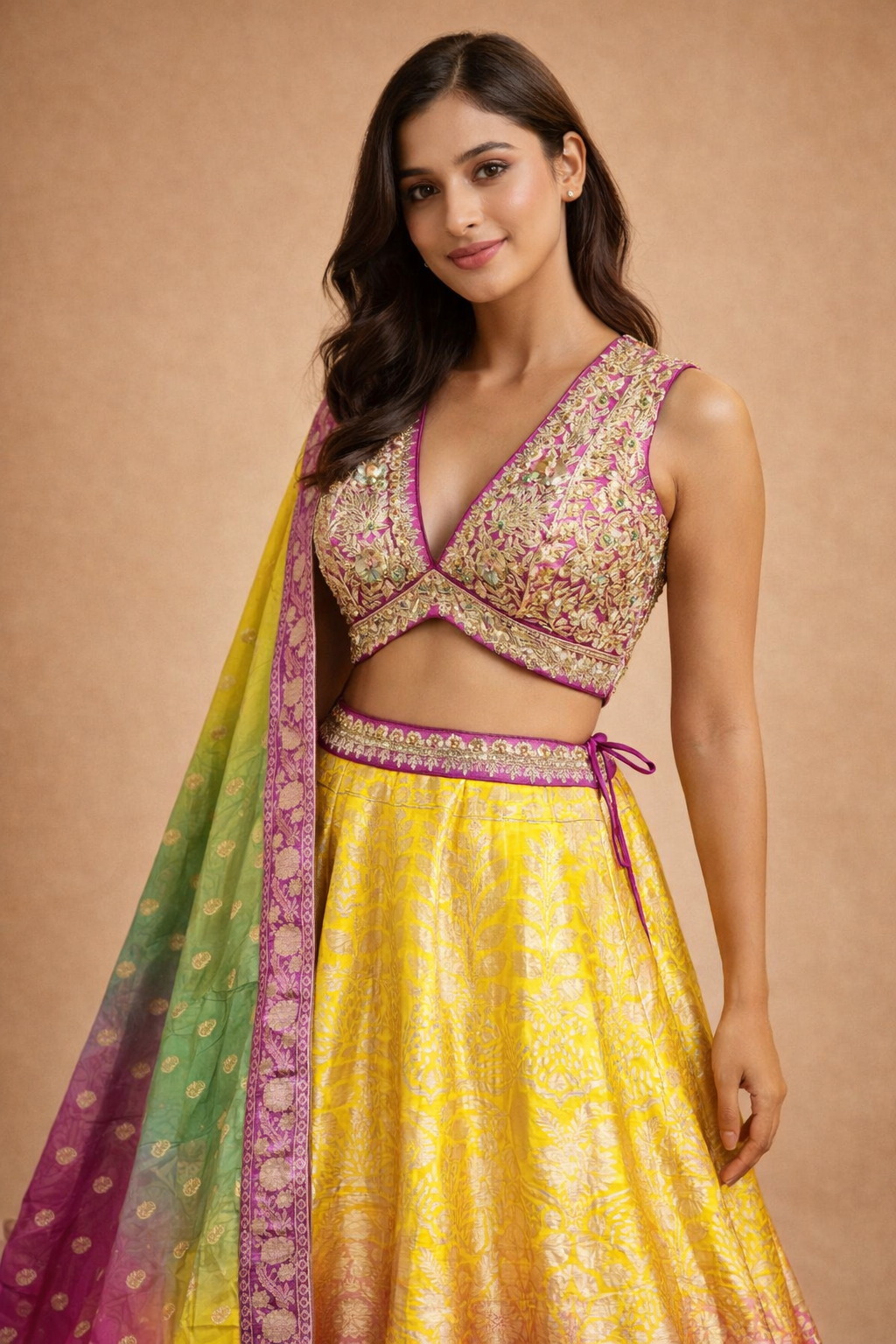 Yellow & Rani Pink Banarasi Lehenga with Gold Zari Weaving