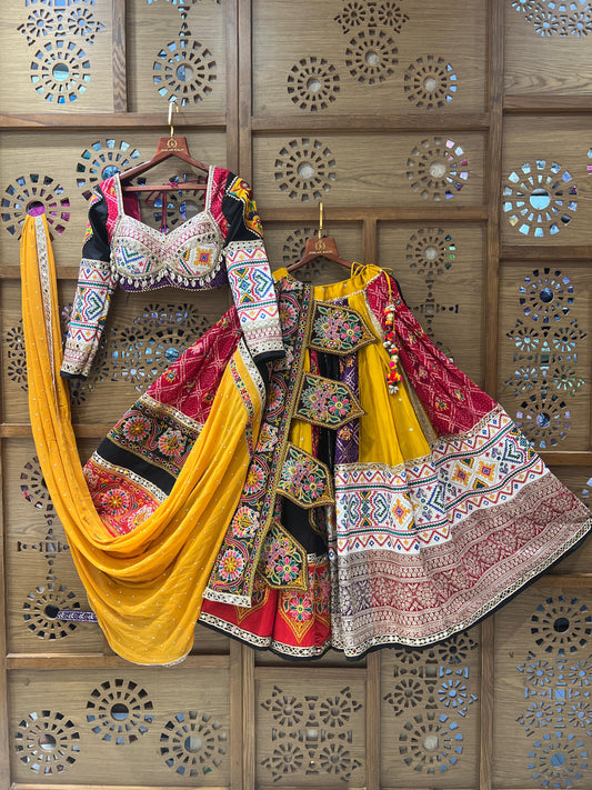 Yellow & Red Embroidered Navratri Chaniya Choli