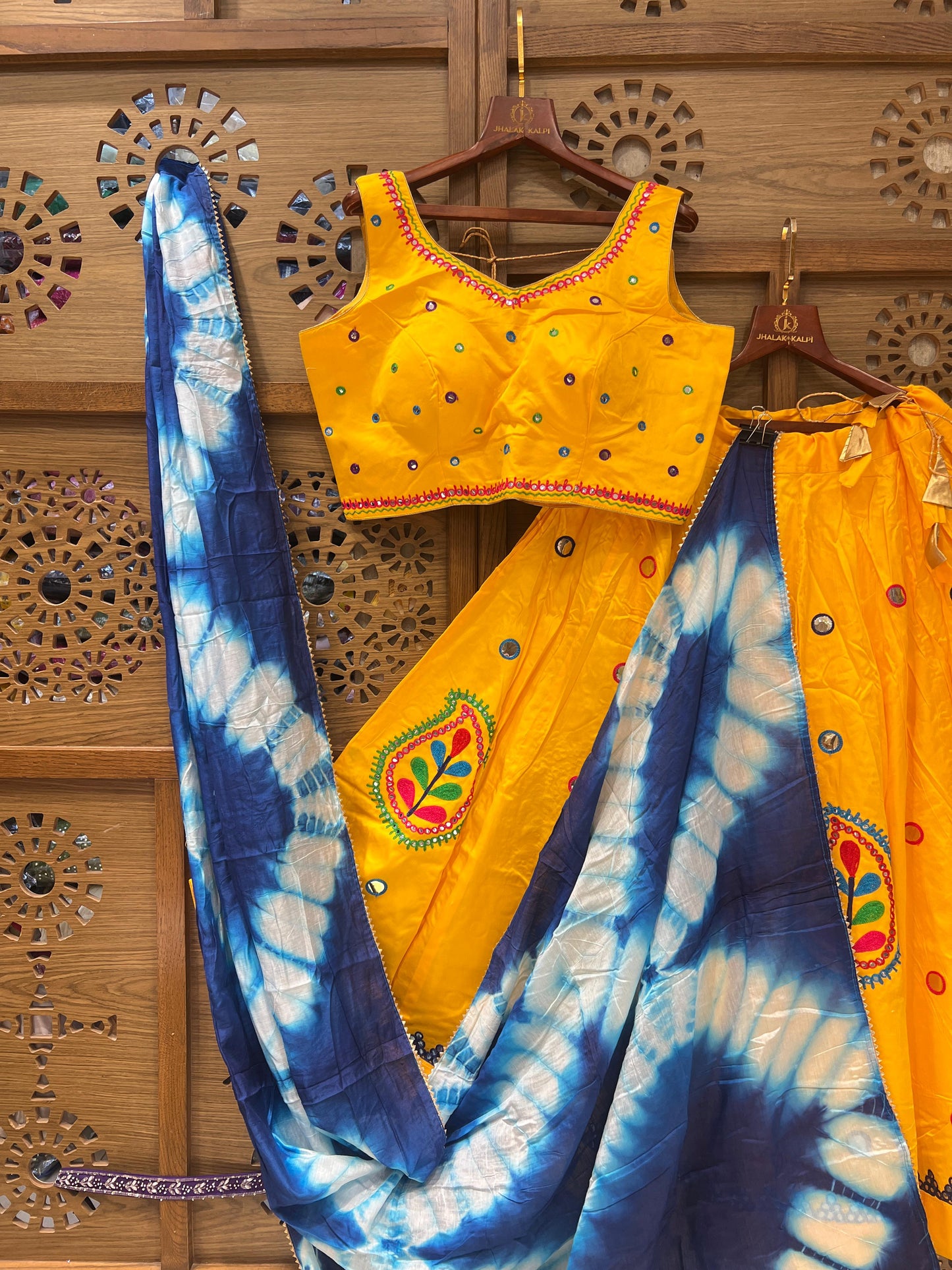 Yellow and Blue Gujarati Navratri Chaniya Choli with Mirror Work