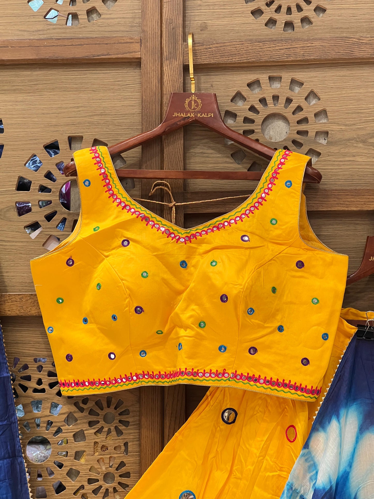Yellow and Blue Gujarati Navratri Chaniya Choli with Mirror Work