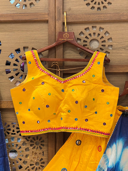 Yellow and Blue Gujarati Navratri Chaniya Choli with Mirror Work
