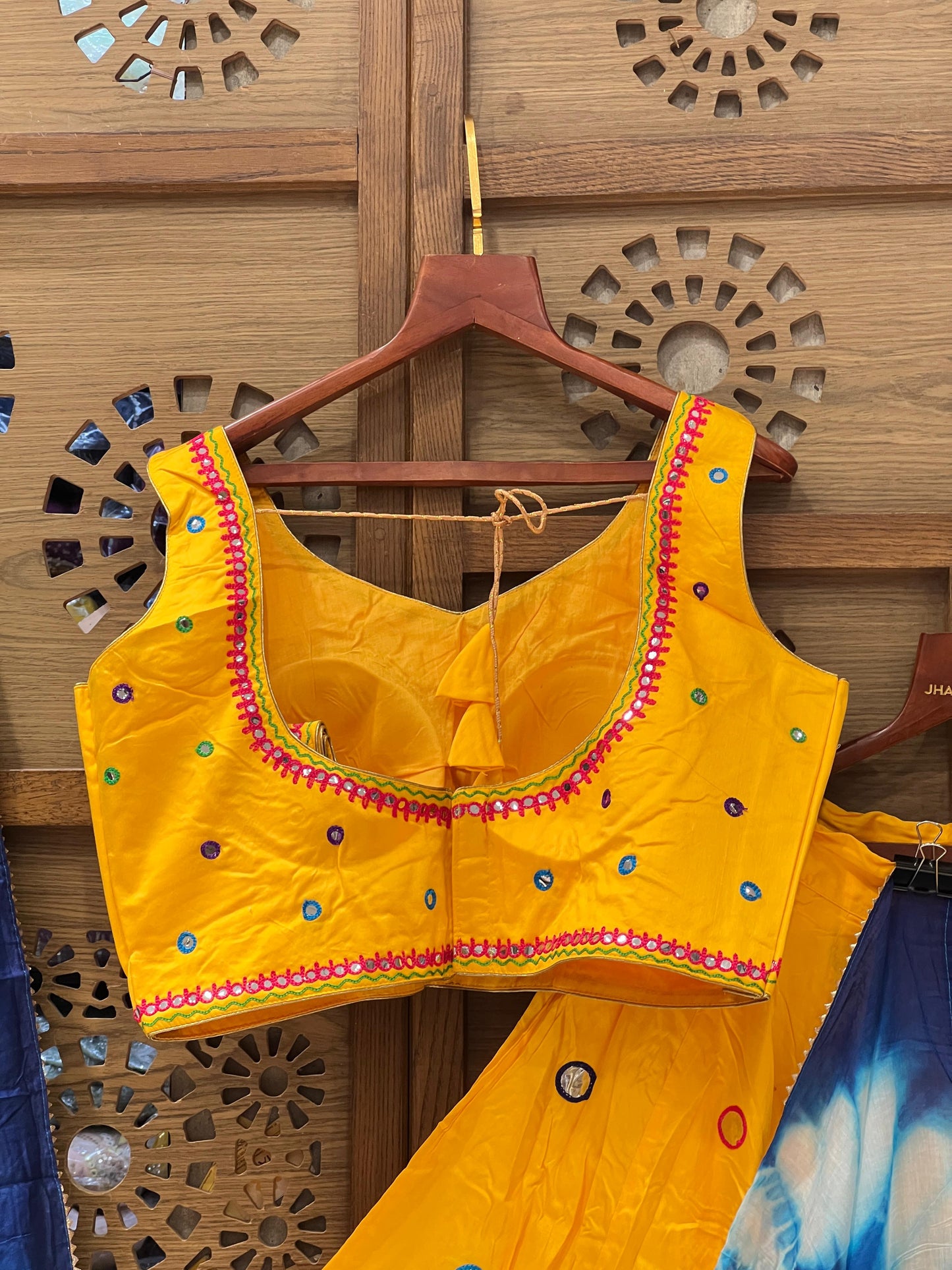 Yellow and Blue Gujarati Navratri Chaniya Choli with Mirror Work