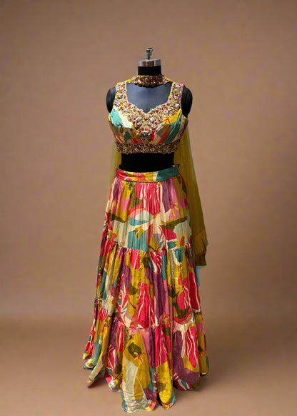 Yellow and Pink Abstract Print Lehenga with Beaded Blouse