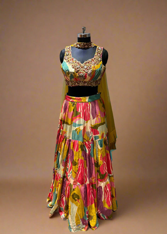 Yellow and Pink Abstract Print Lehenga with Beaded Blouse
