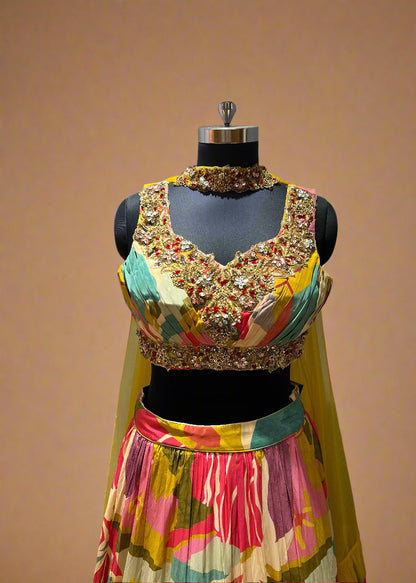 Yellow and Pink Abstract Print Lehenga with Beaded Blouse