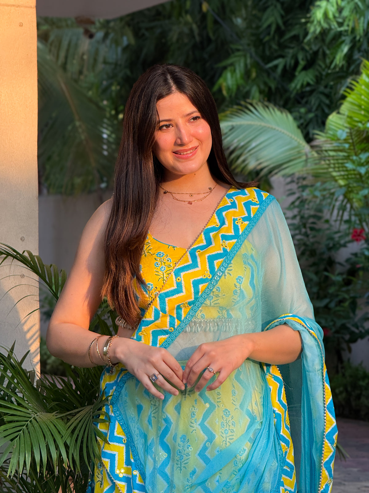 Yellow and Sky Blue Printed Lehenga Choli
