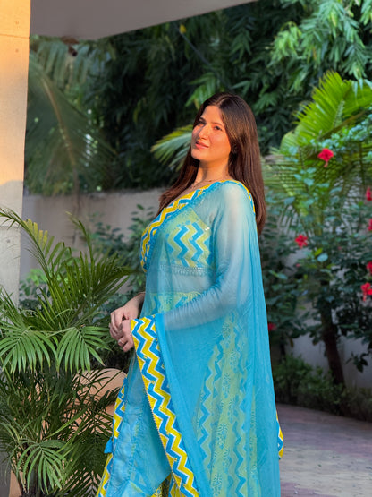 Yellow and Sky Blue Printed Lehenga Choli