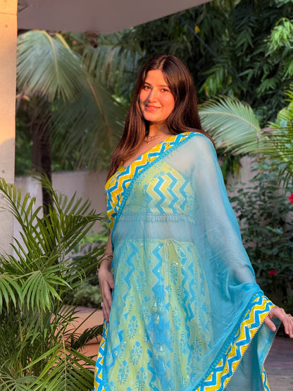 Yellow and Sky Blue Printed Lehenga Choli