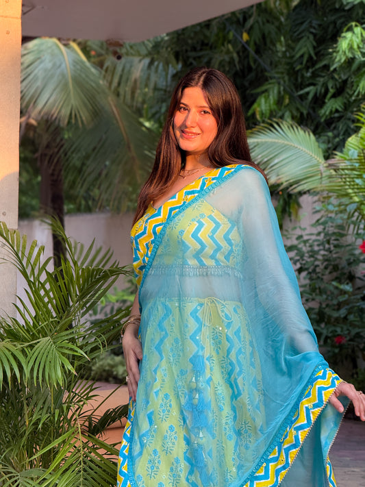 Yellow and Sky Blue Printed Lehenga Choli