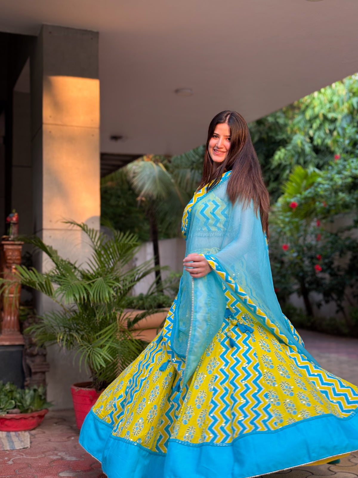 Yellow and Sky Blue Printed Lehenga Choli