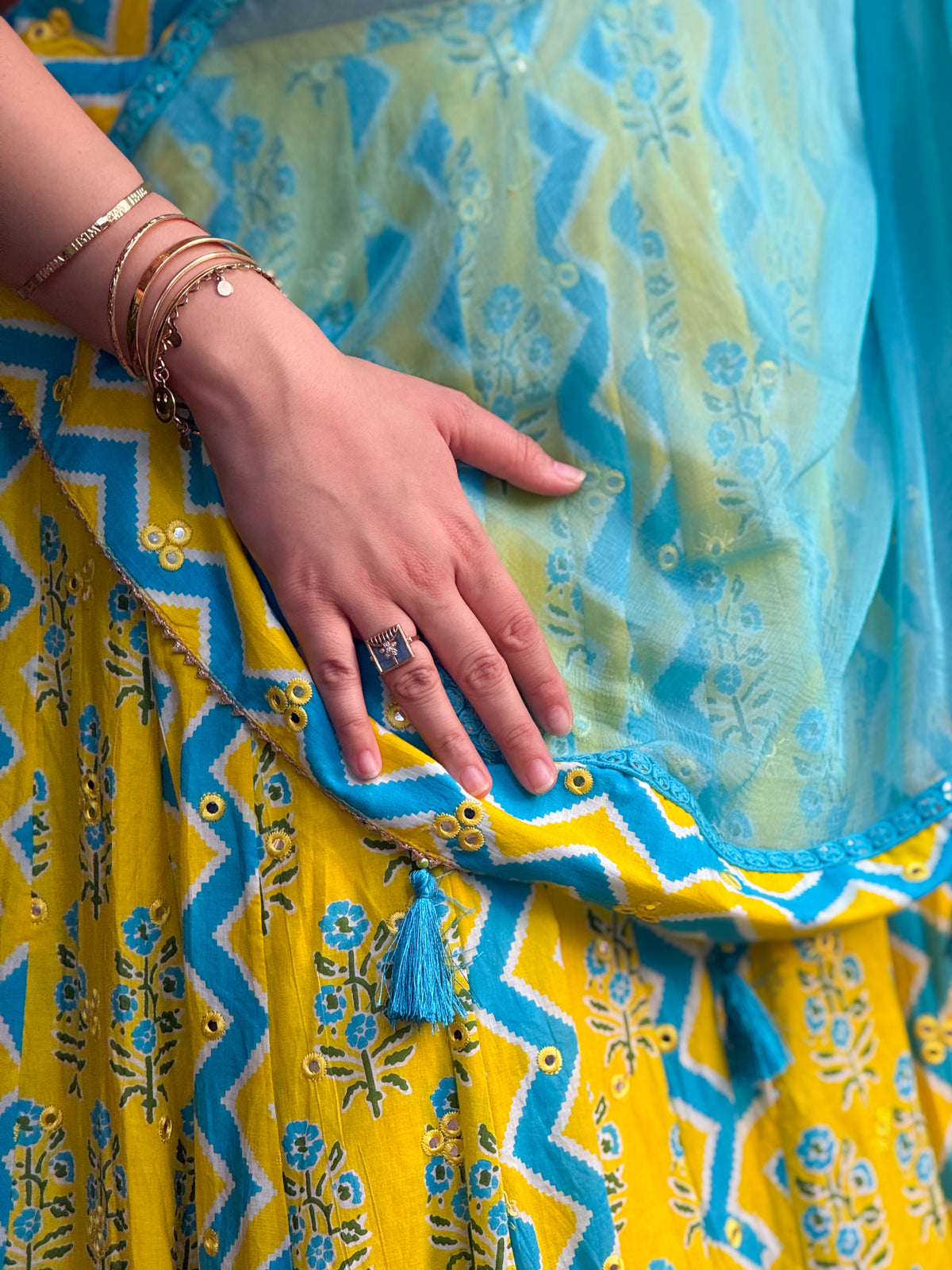 Yellow and Sky Blue Printed Lehenga Choli