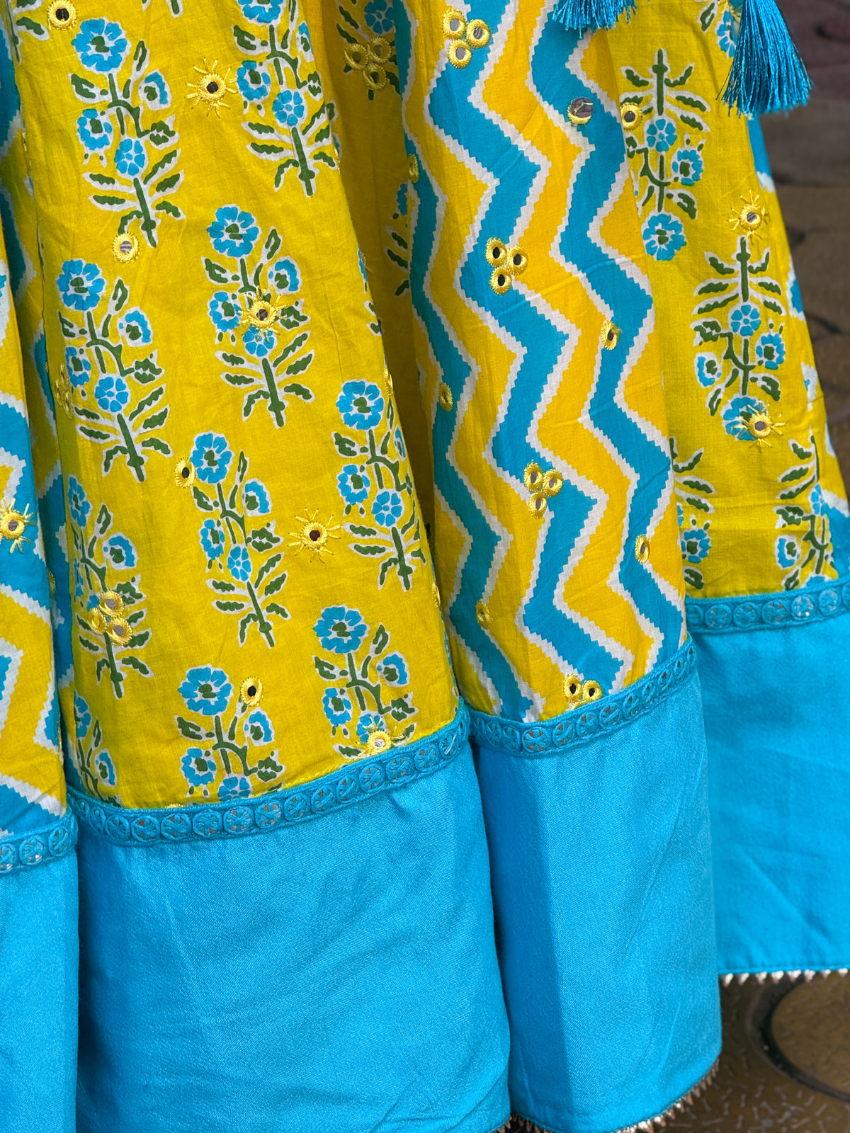 Yellow and Sky Blue Printed Lehenga Choli