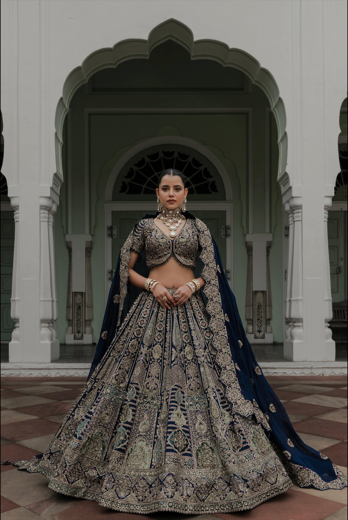 Zariah Teal Blue Velvet Zardosi Lehenga