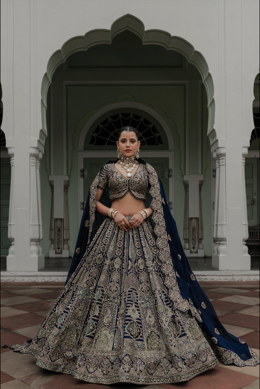 Zariah Teal Blue Velvet Zardosi Lehenga