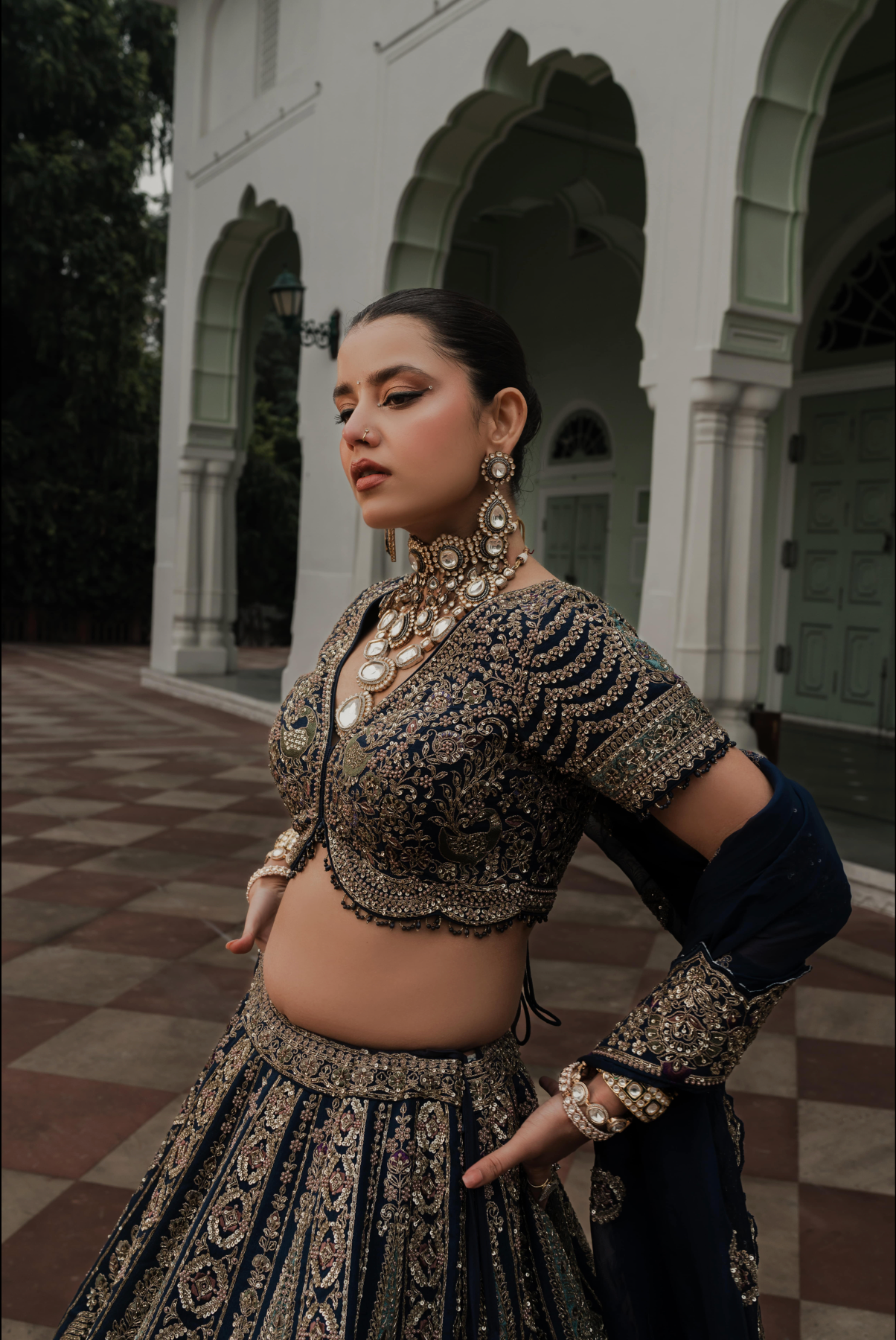 Zariah Teal Blue Velvet Zardosi Lehenga